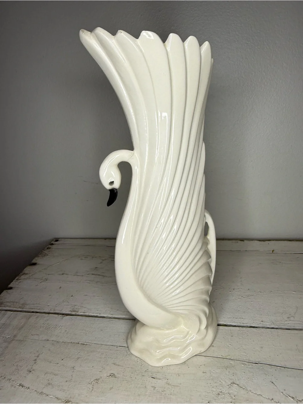 VTG Maddux California White (off) Swan w/Black Eyes & Black Beak Vase 12” tall